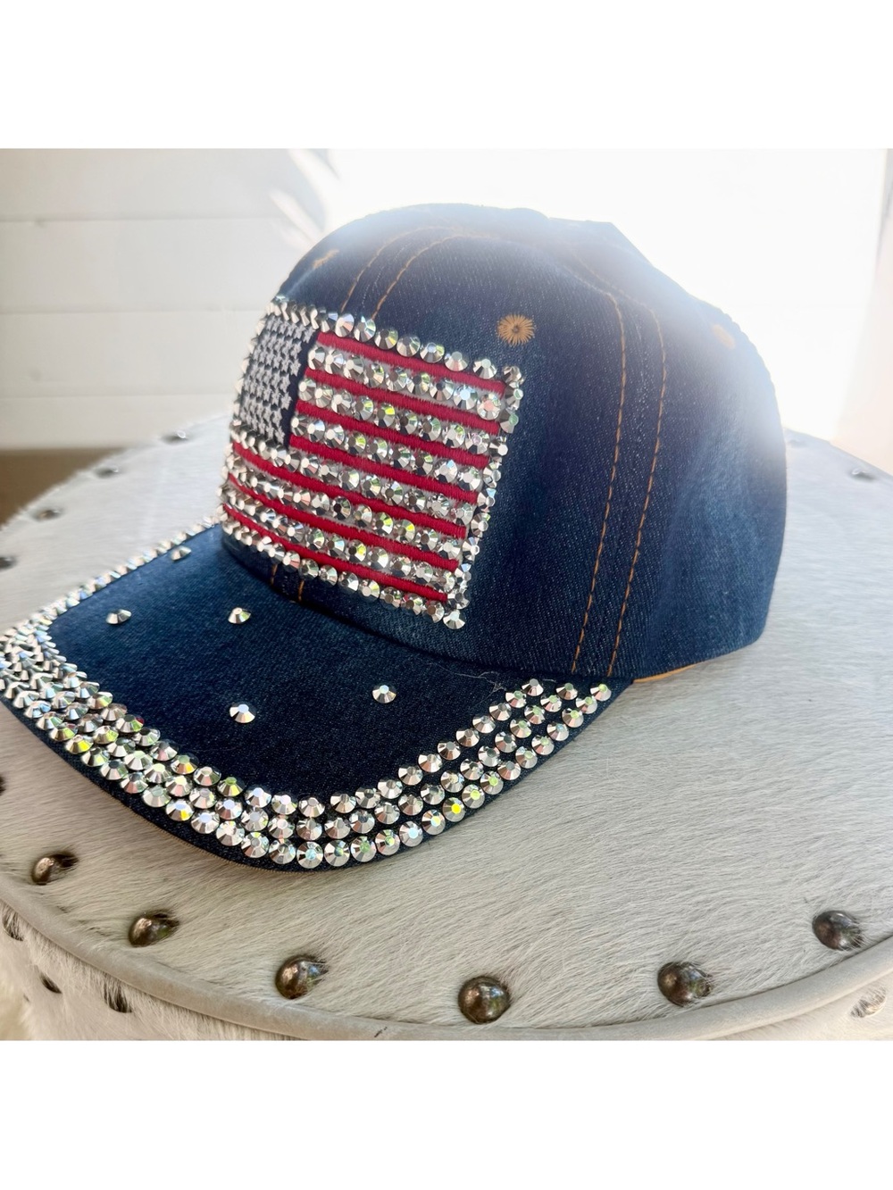 Mad Hatter USA Flag Denim Rhinestone Baseball Hat Studded Patriotic Bling OS NWT